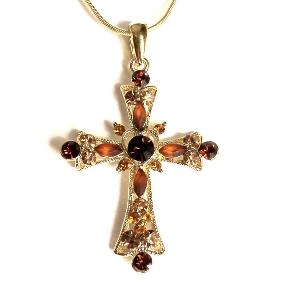 Womens Girls Brown and Gold Austrian Crystal Heart Cross Snake Chain Necklace - Picture 1 of 3